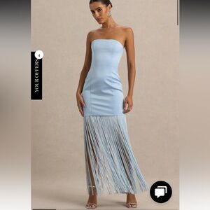 NWT Club L London Trinity Powder Blue Satin Bandeau Maxi Dress With Fringe